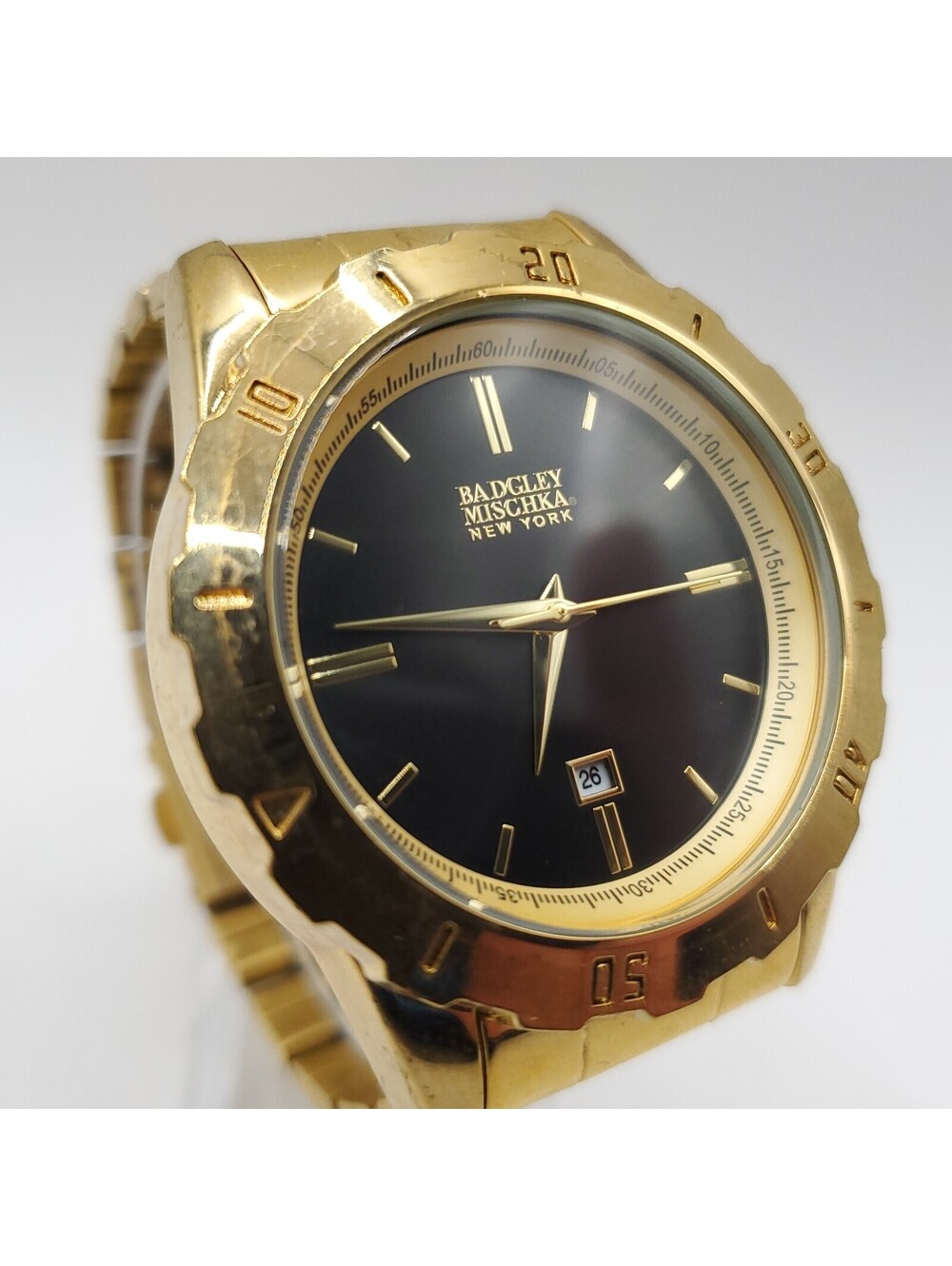 Badgley Mischka Mens 43mm Watch Gold Tone Black Date Dial New Battery 6.5"